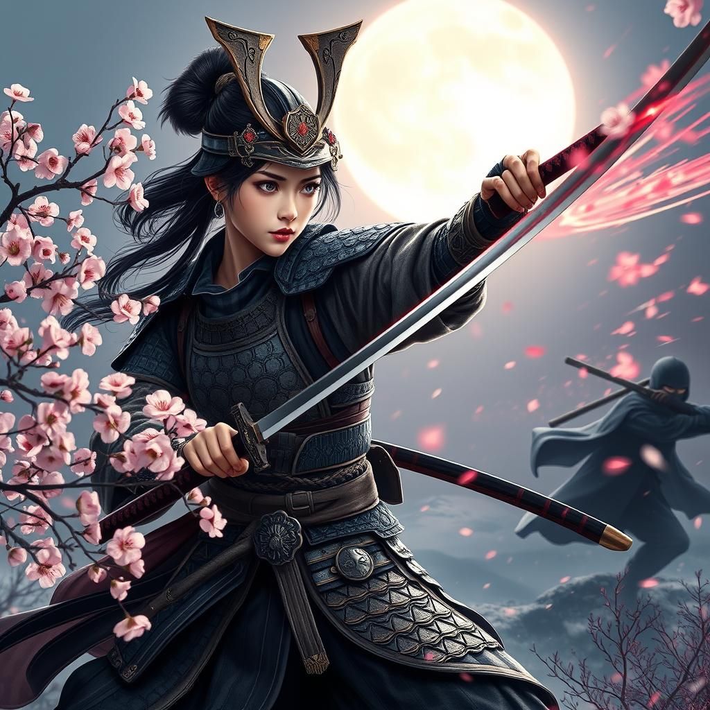 Samurai Woman Duel with Ninja in Japanese Landscape