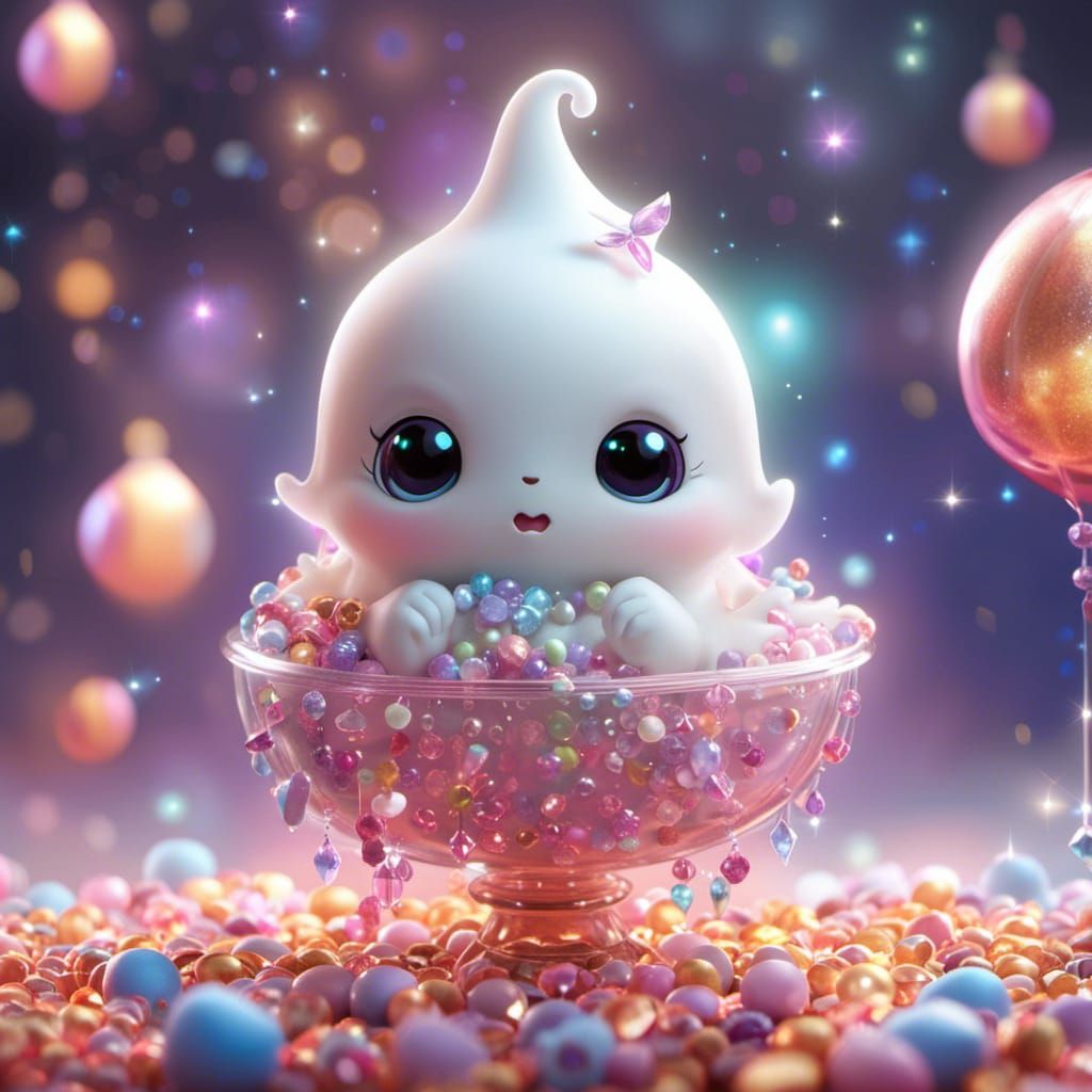 Cute little chibi white pearl ghost wearing a oversized Hall...