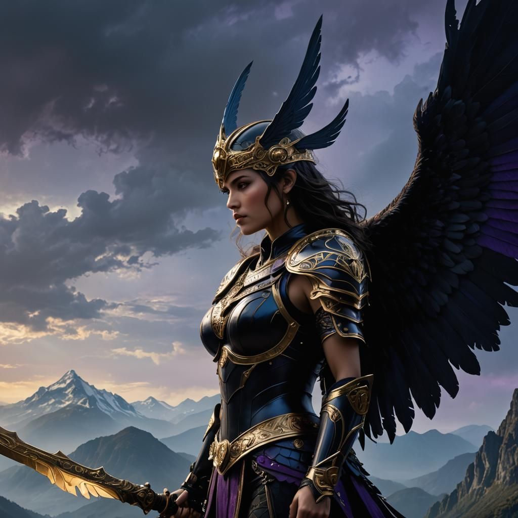 Valkyrie Warrior with Dark Wings in Gothic Armor