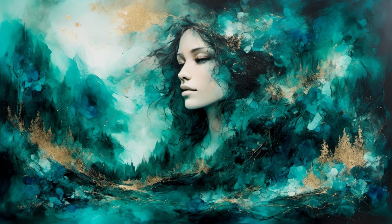 Armored Woman Overlooking Starry Mountain Landscape