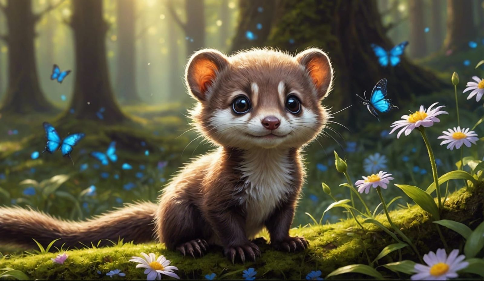 Baby Weasel in Sunlit Fantasy Forest