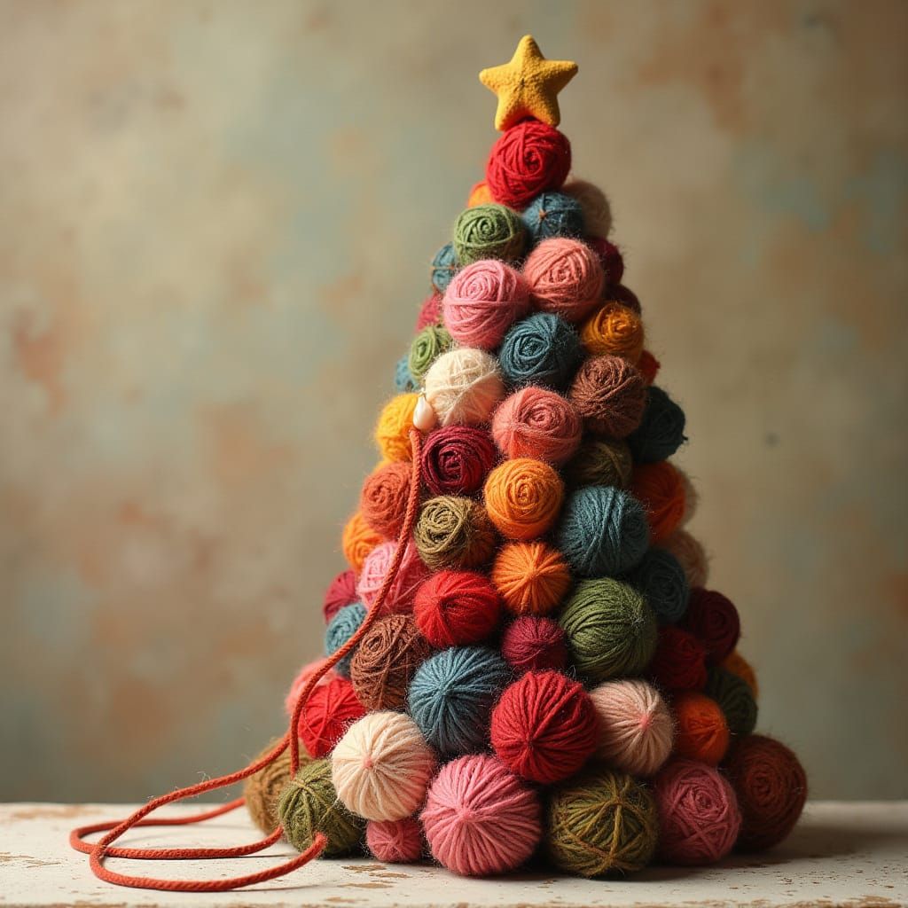 Whimsical Yarn Christmas Tree with Coiled Electrical Cord