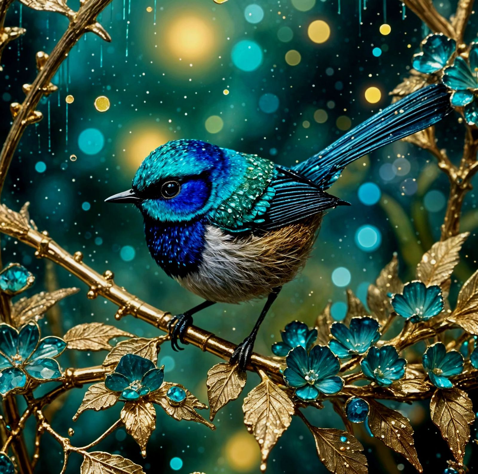 Harry Clarke Style Blue Fairy Wren Close-Up