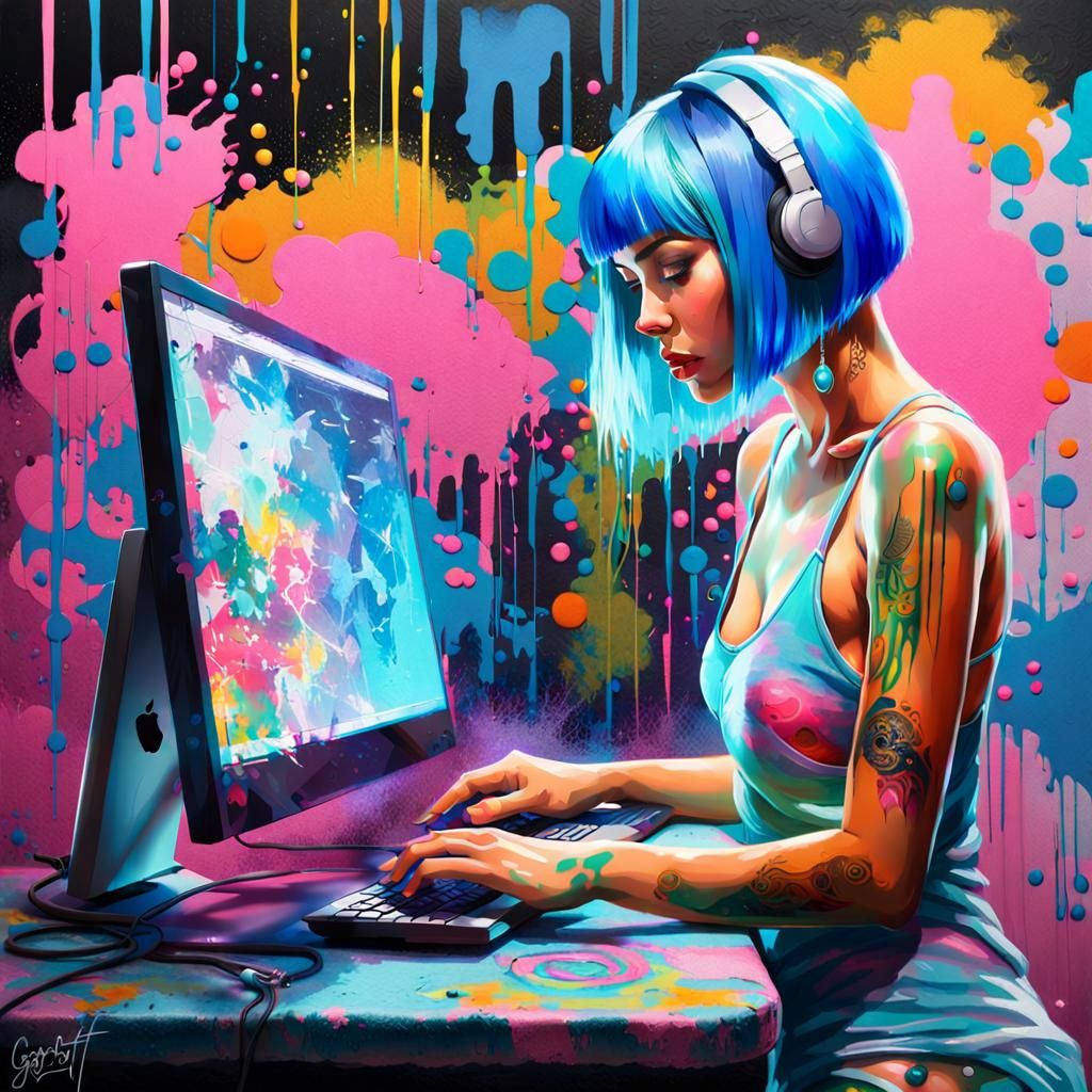 Colorful Graffiti Art Portrait of Woman at Computer