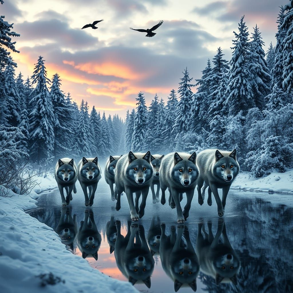 Wolves Run Through Enchanted Forest at Dawn
