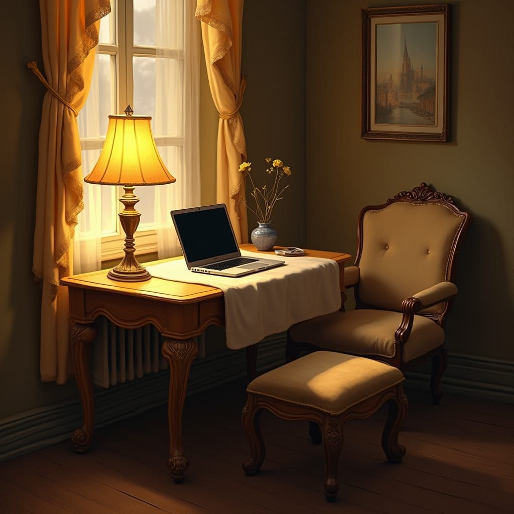 Cozy Study Nook in Warm, Golden Lighting