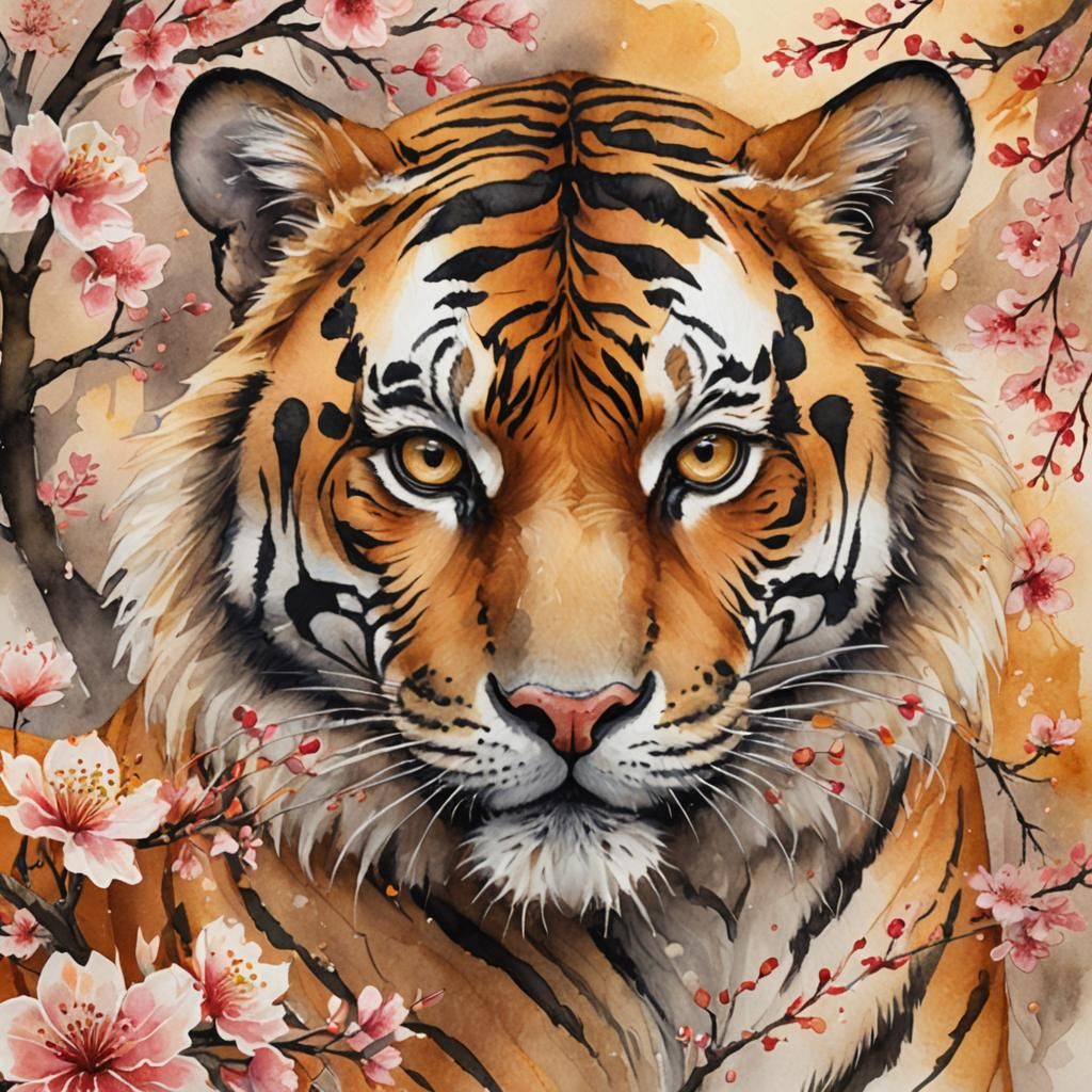 Regal Tiger Portrait in Watercolor with Chinese Motifs