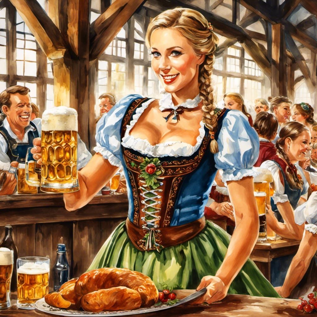 Oktoberfest Woman Serves Beer: Watercolor and Ink