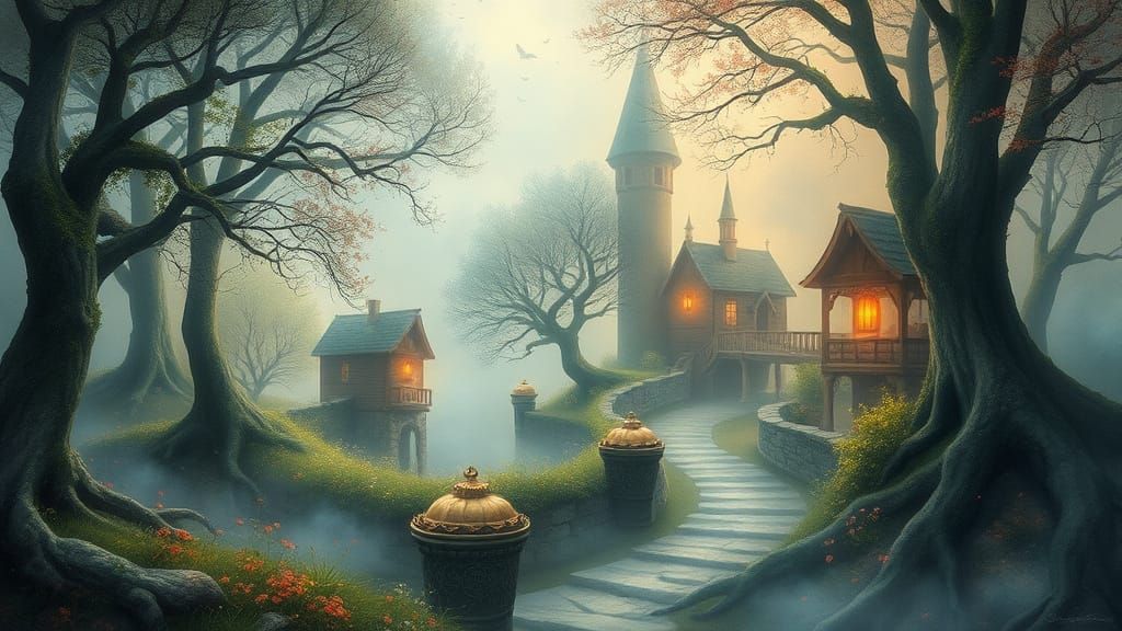 Enchanted Watercolor Realm in Fantasy Depths