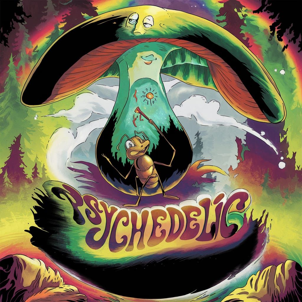 Psychedelic Magic Mushroom with Smiling Ant Illustration