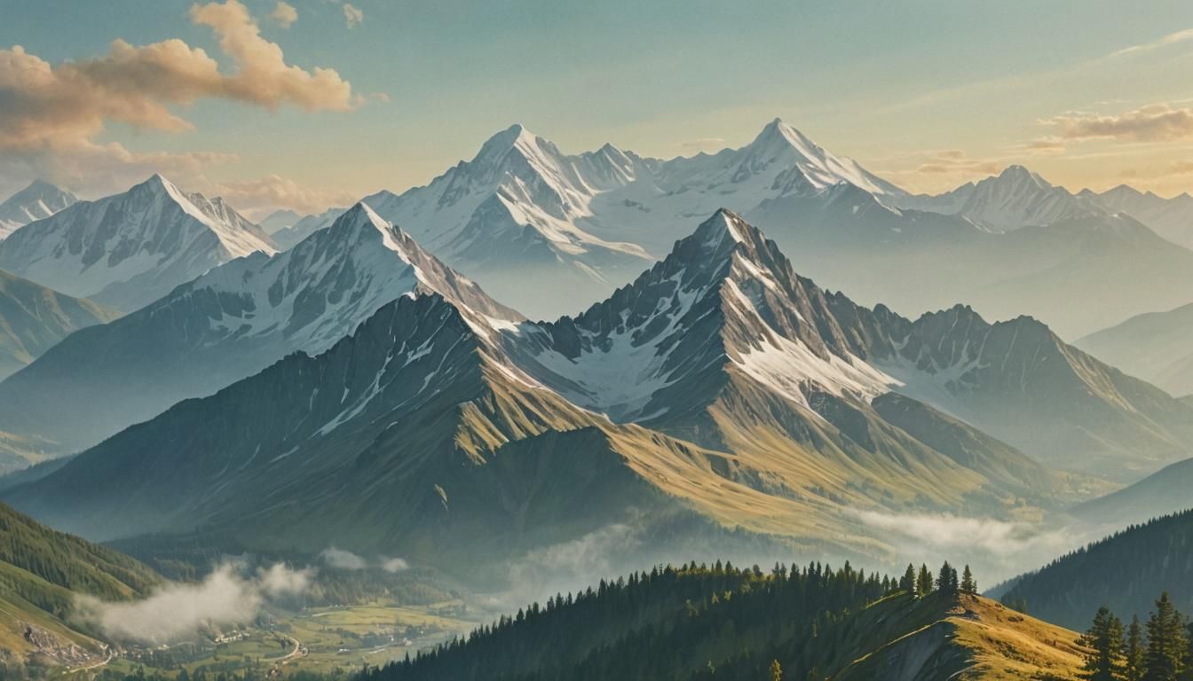 Sweeping Mountain Landscape in Watercolor Style