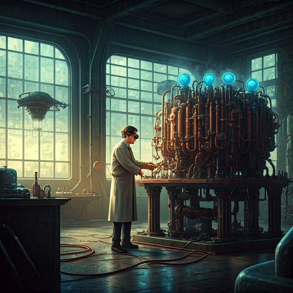 Steampunk Fusion Reactor in a Retro Sci-Fi Workshop