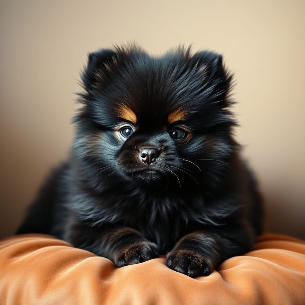 Black Pomeranian Puppy Oil Painting on Velvet Cushion