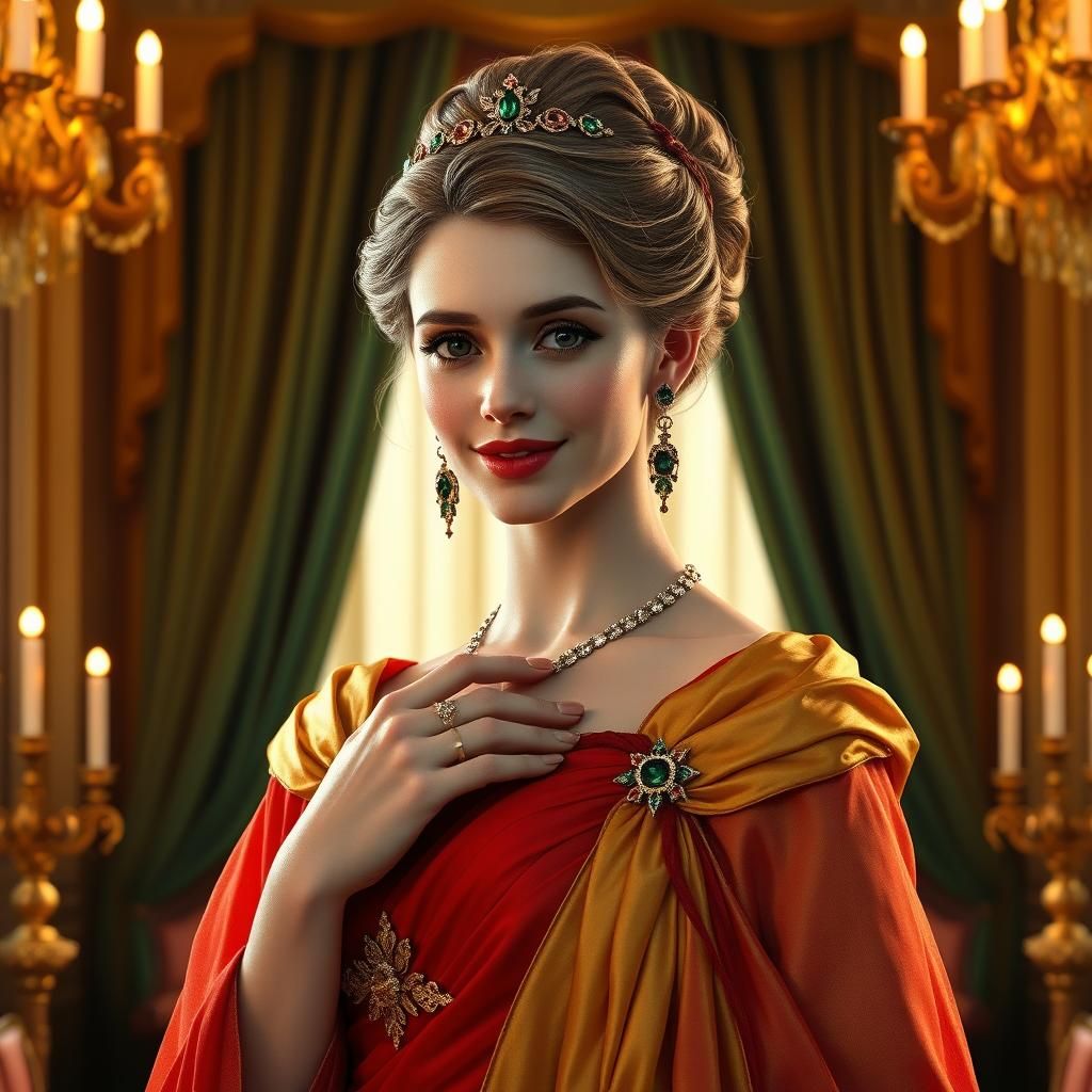 Queen in Scarlet Dress with Gold Undertones