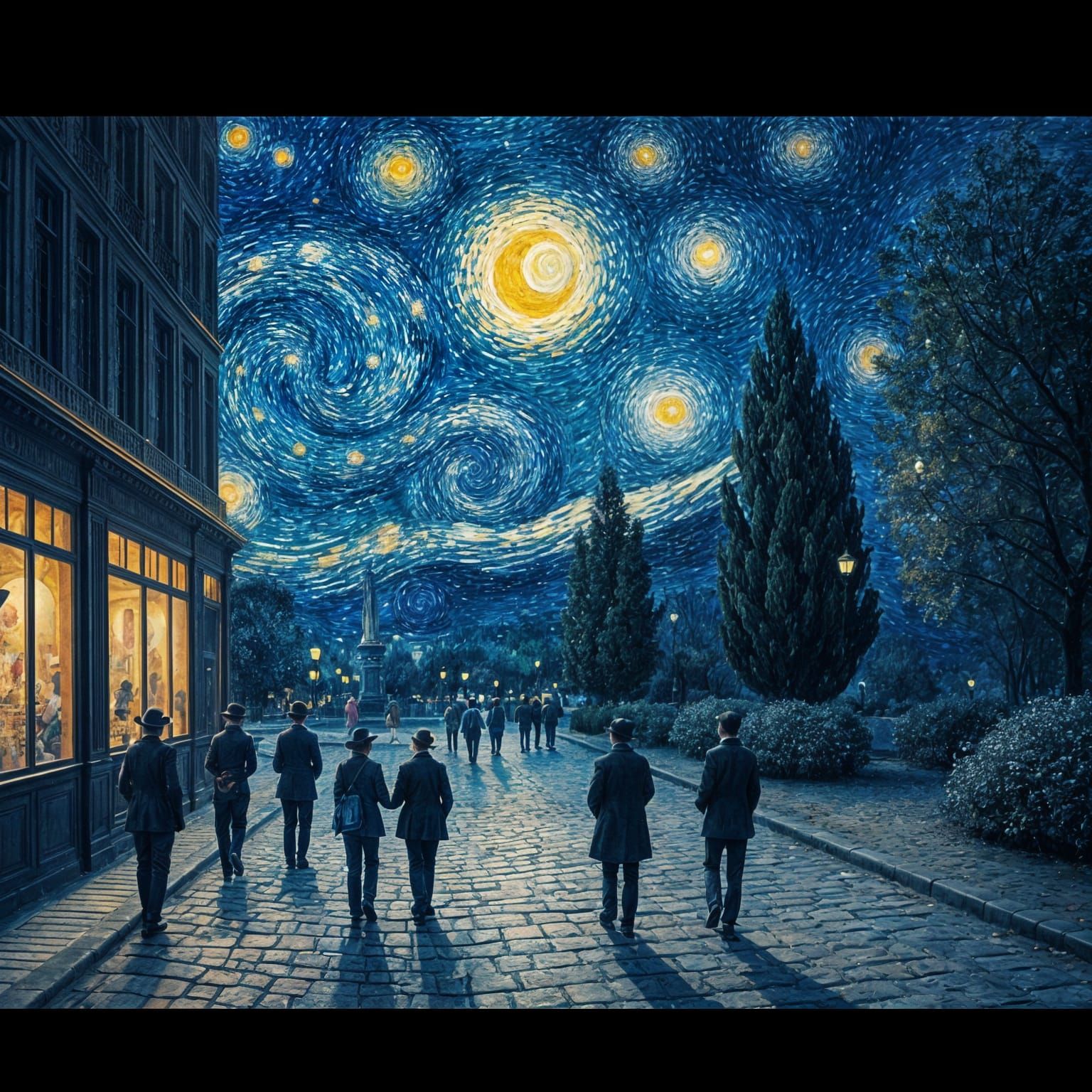 Chagall-Inspired Starry Night Scene in Parisian Park