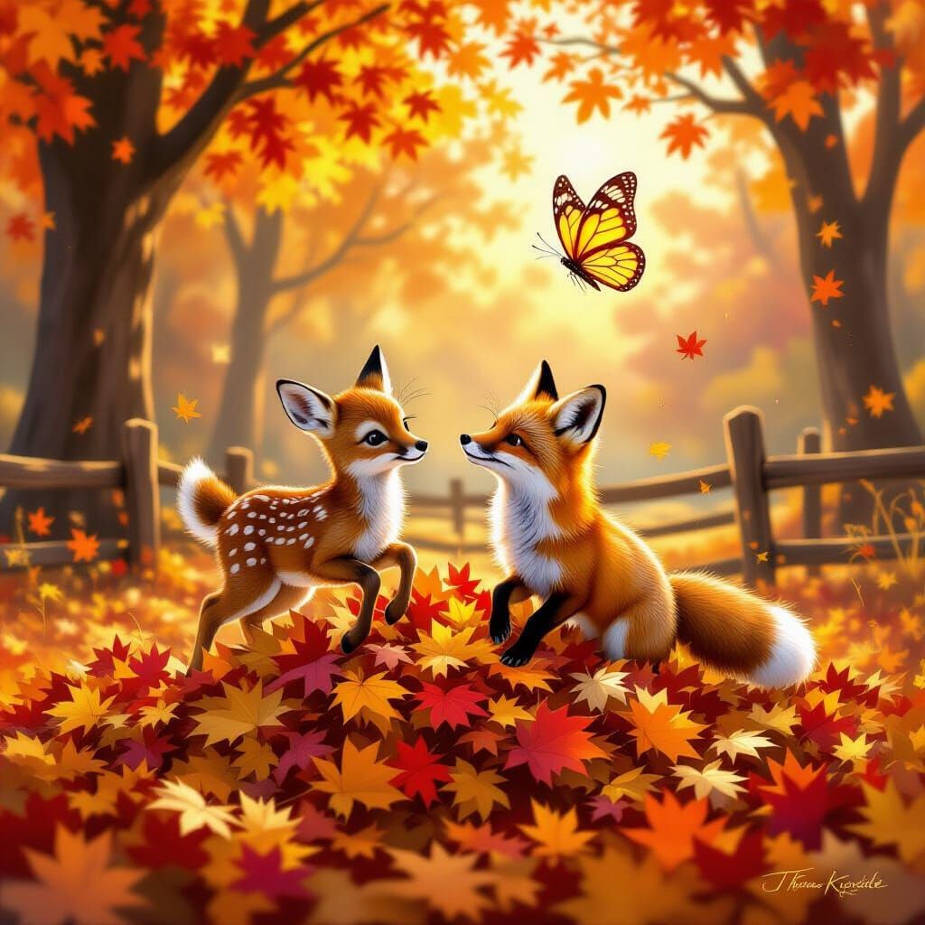 Fox and Fawn Joyfully Play in Autumn Leaves