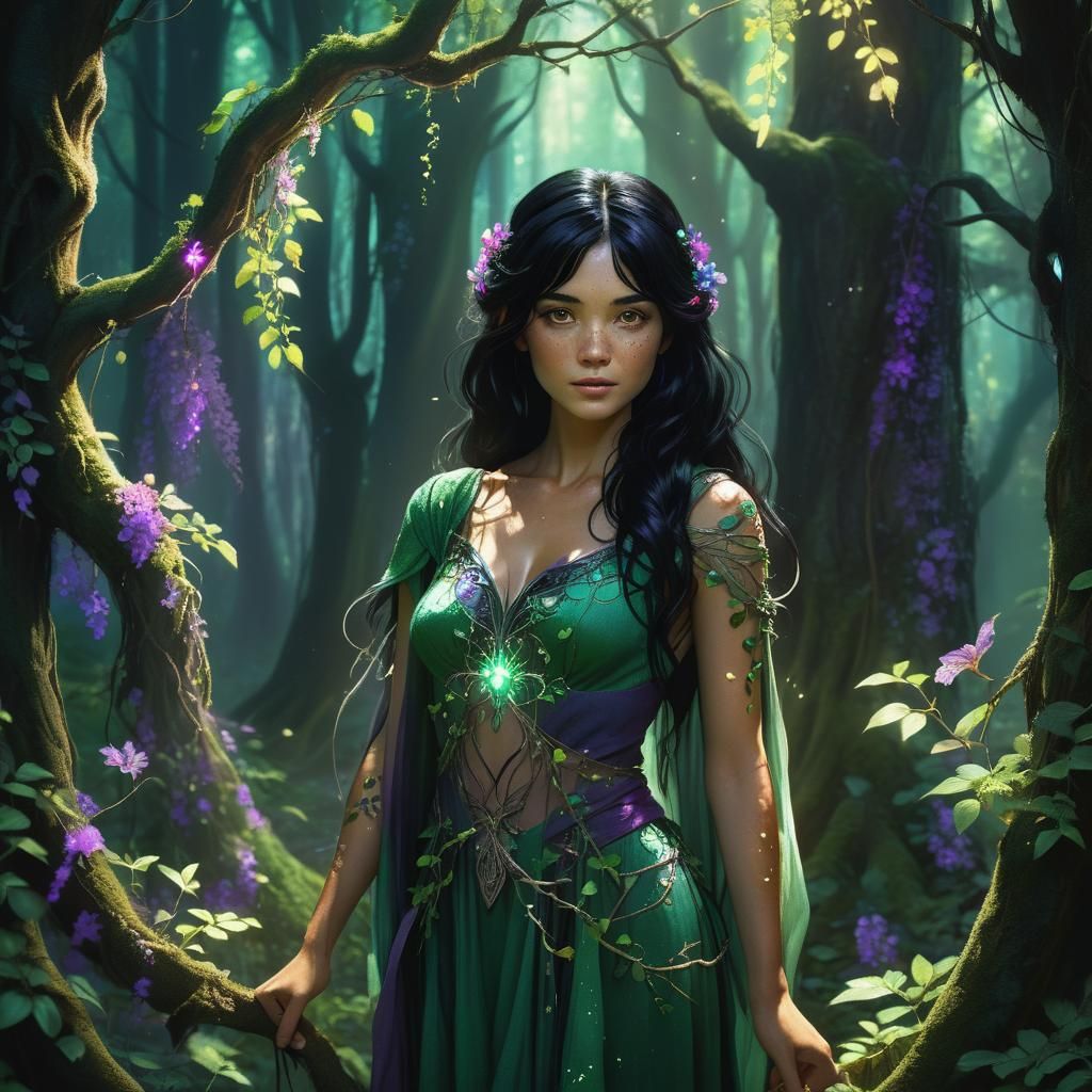 Goddess with Freckles in Mystical Forest