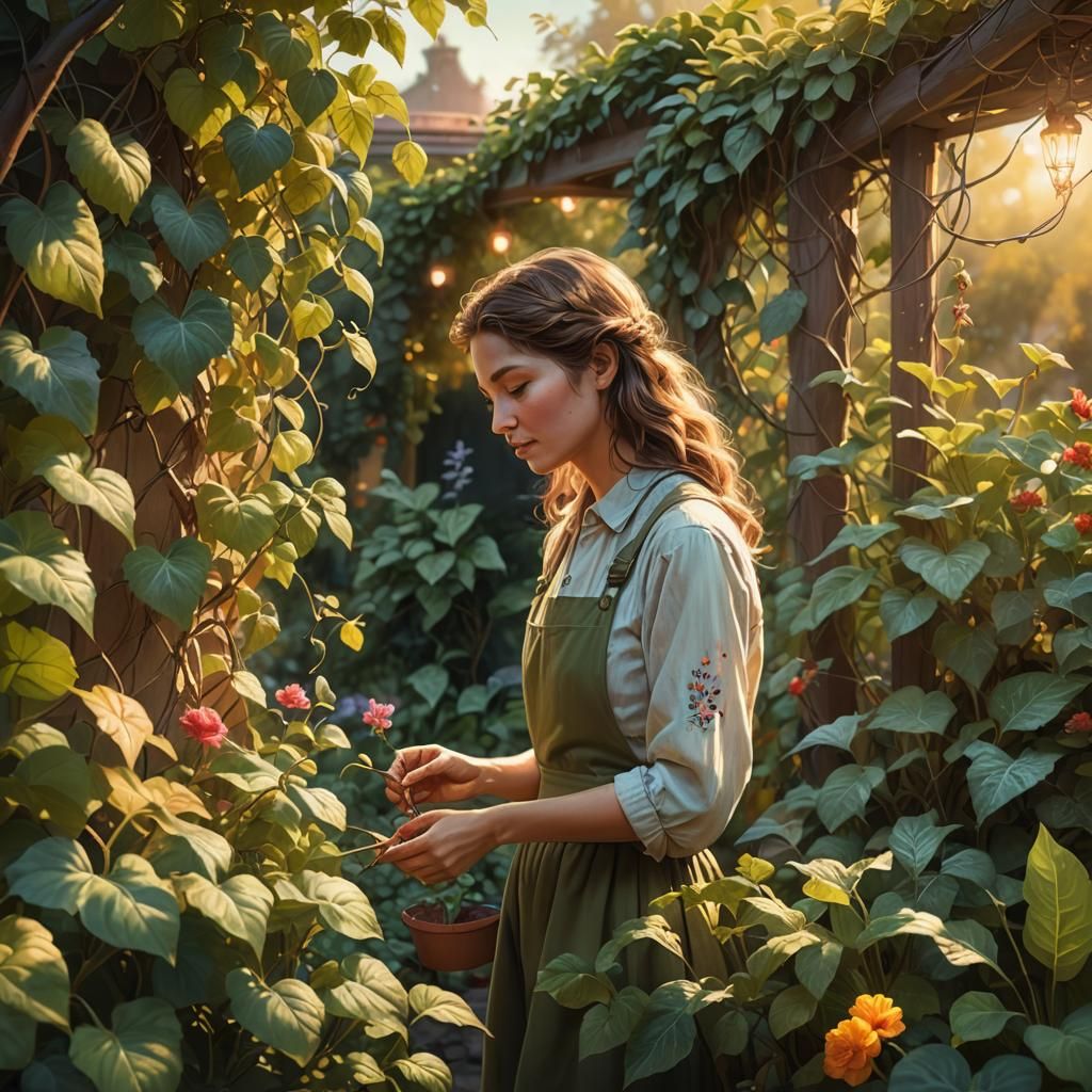 Woman Tending Garden in Hyperrealistic Digital Art
