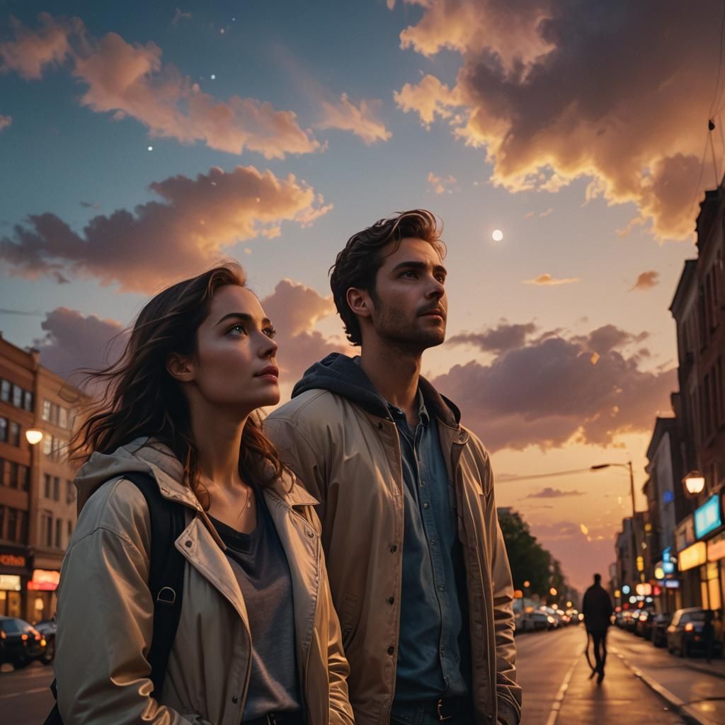 Couple Gazing at Twilight Sky in Cityscape