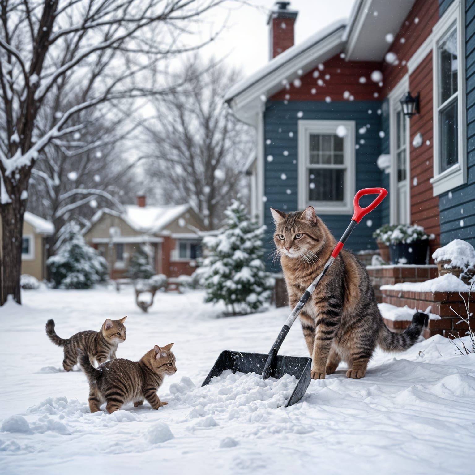 Cat Shoveling Snow with Kittens Playing
