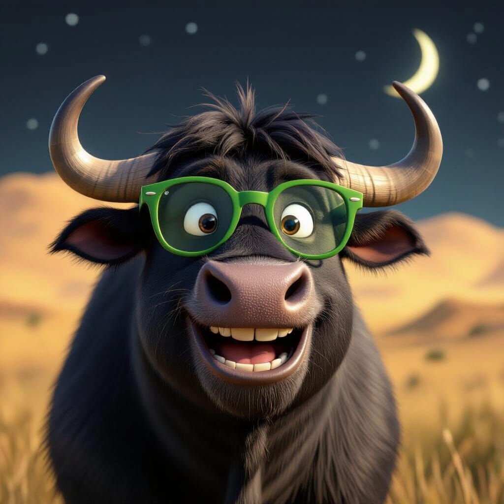 Animated Black Buffalo Portrait with Green Glasses