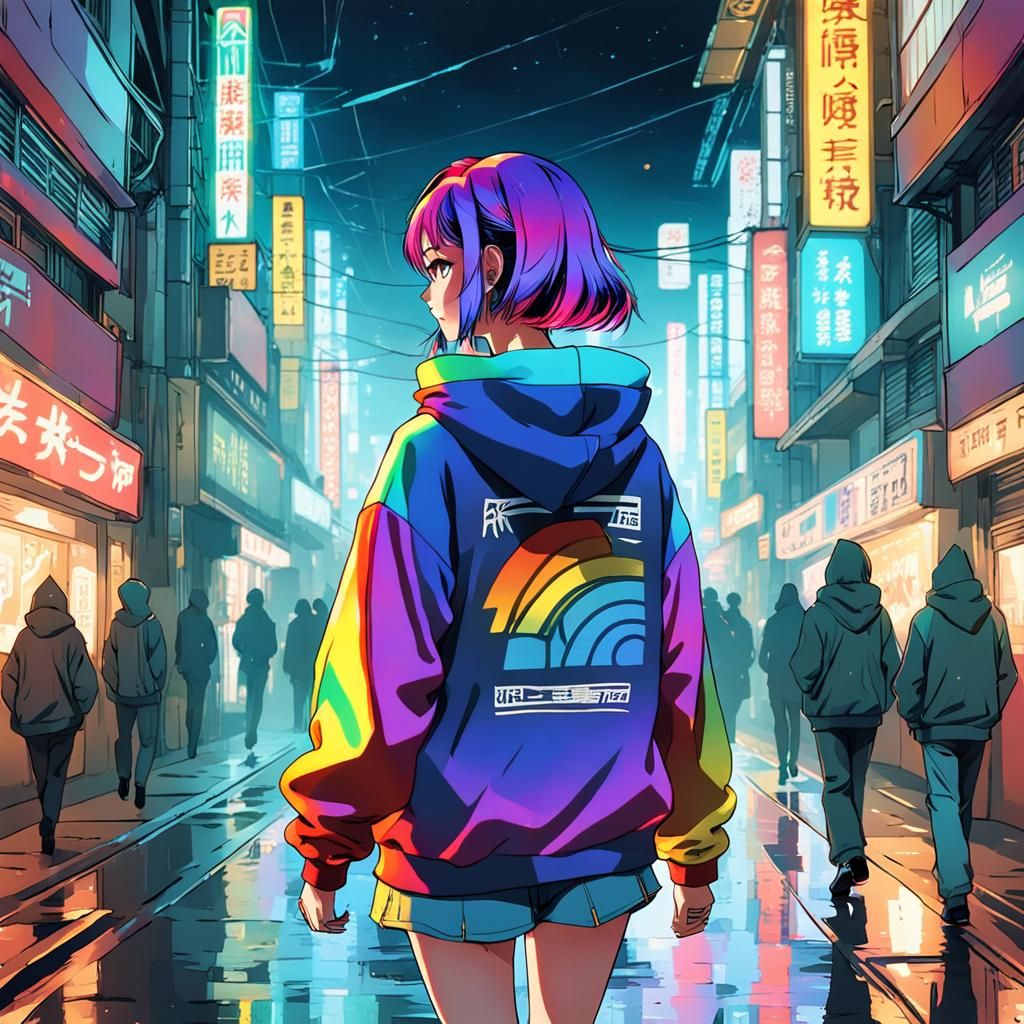 Anime Girl in Rainbow Hoodie: Retro Cyberpunk Street