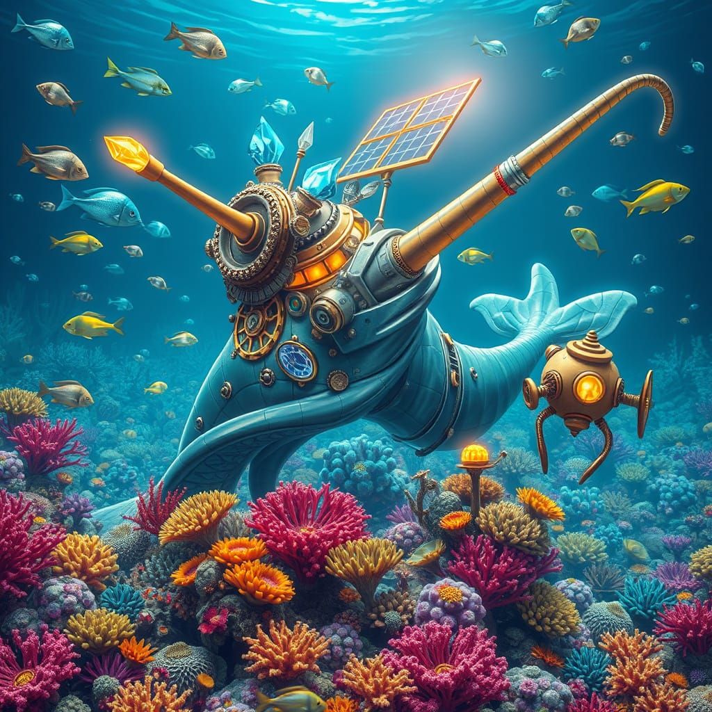 Steampunk Narwhal in Solarpunk Coral Reef