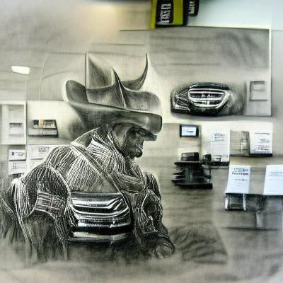 Cowboy at Car Dealership: Hyperdetailed Charcoal Drawing