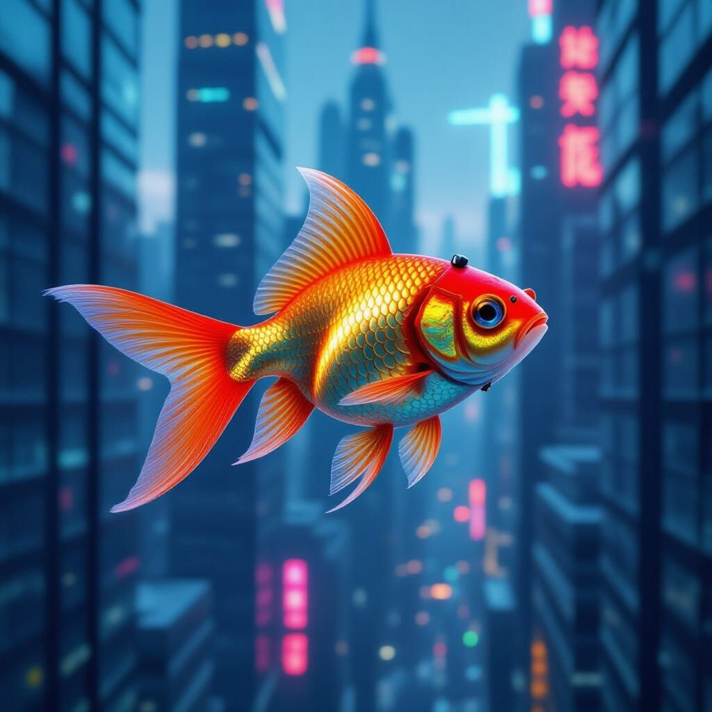 Goldfish in Exosuit Soaring Over Futuristic City