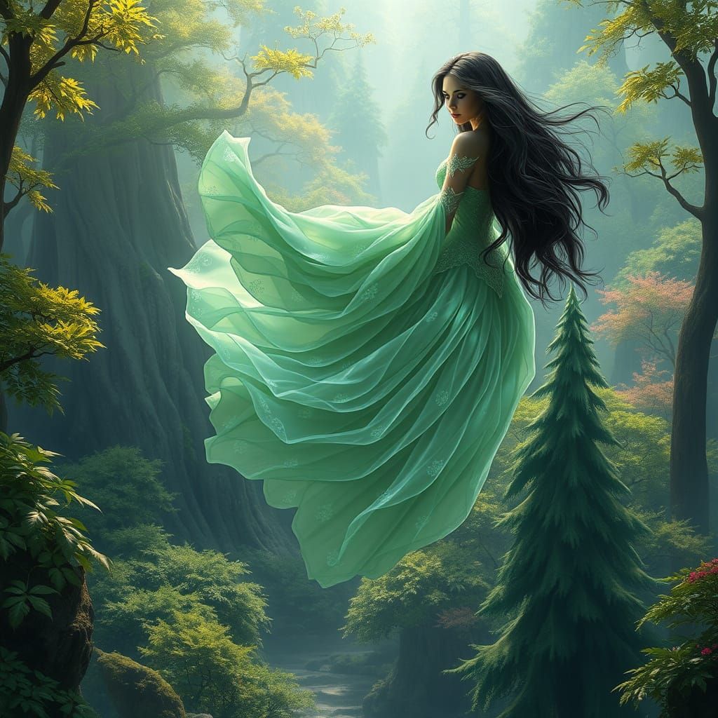 Mystical Princess Soars Above Vibrant Fantasy Forest