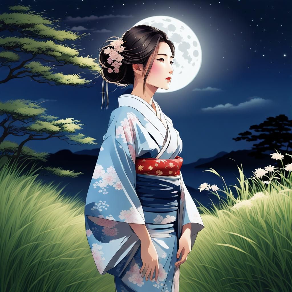 Moonlit Beauty: Serene Woman in Kimono