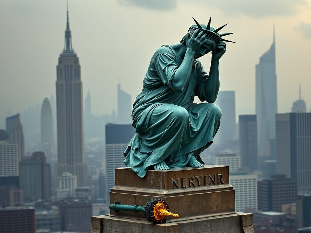 Statue of Liberty in Anguish Amidst Dystopian NYC