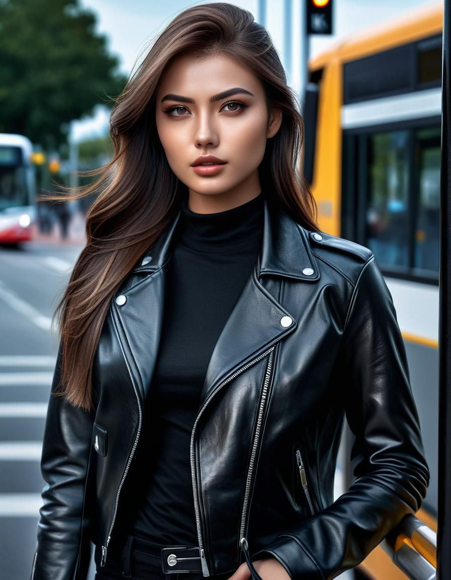 Hyper Realistic Girl in Leather at Bus Stop