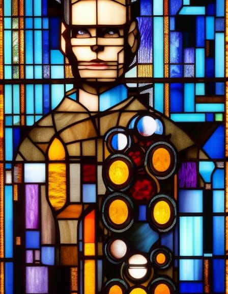 Cyberpunk Man Head in Stained Glass, Steampunk Engine