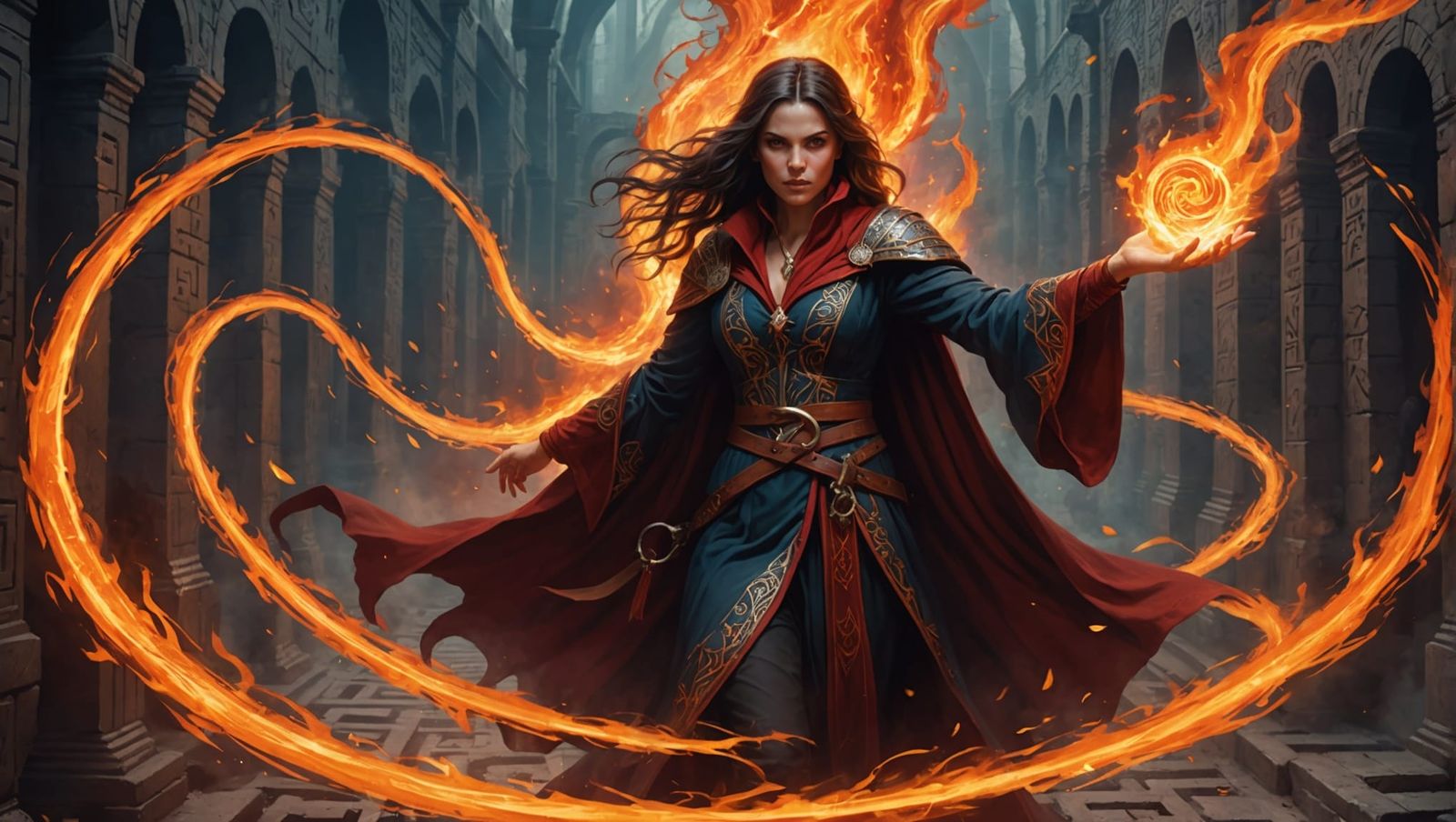 Sorceress Practicing Fiery Magic in Maze