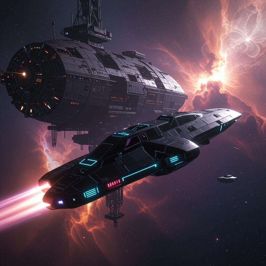 Sleek Spaceship Approaches Derelict Station in Dramatic Spac...