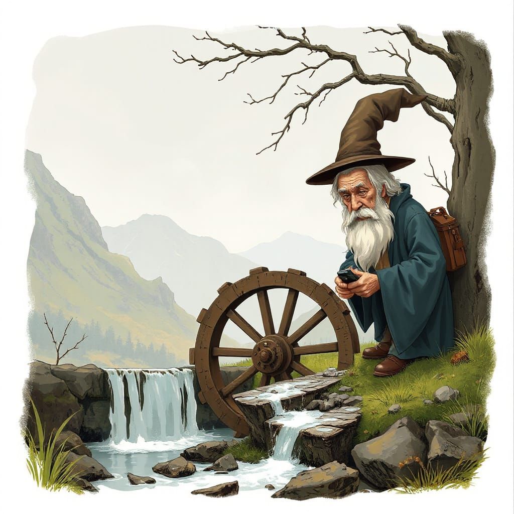Working waterwheel worriedly watches wandering wizard