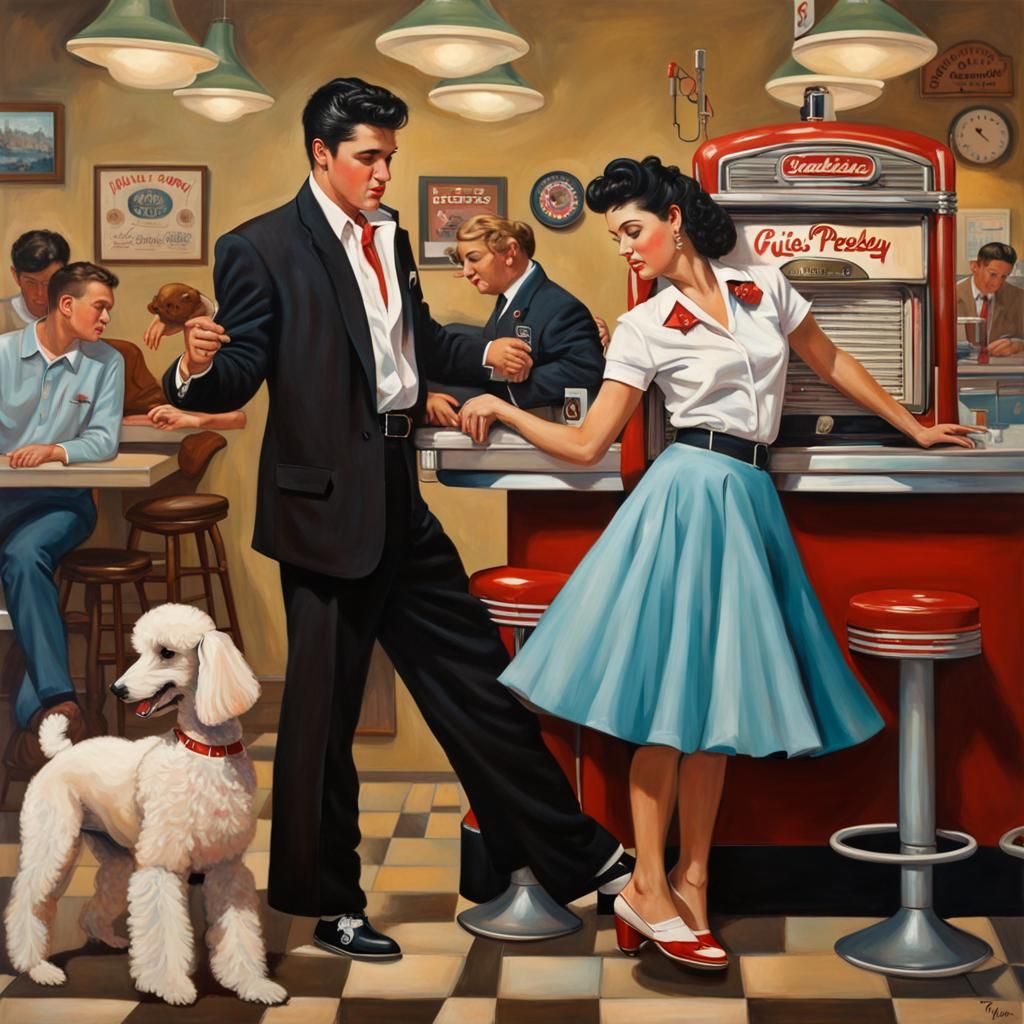 Elvis and Girl Jitterbug in Soda Shop: Rockwell Style