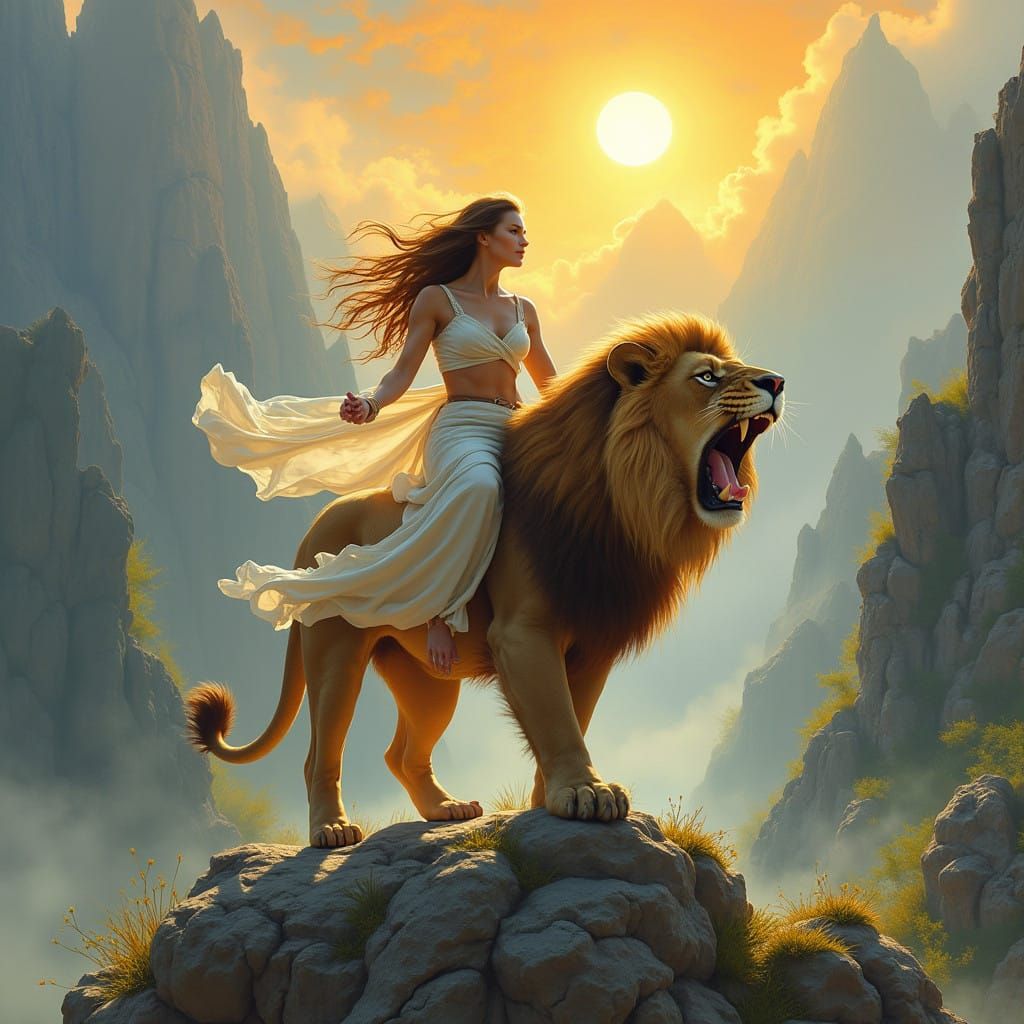 Majestic Woman Rides a Kind Lion in a Fantastical Mountain L...