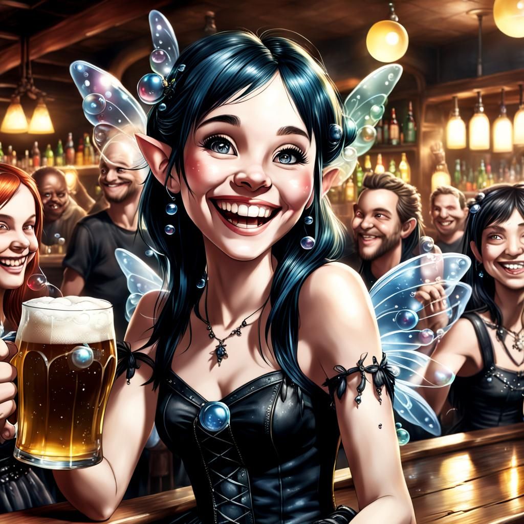 Happy Goth Fairy Drinking Beer at a Bar