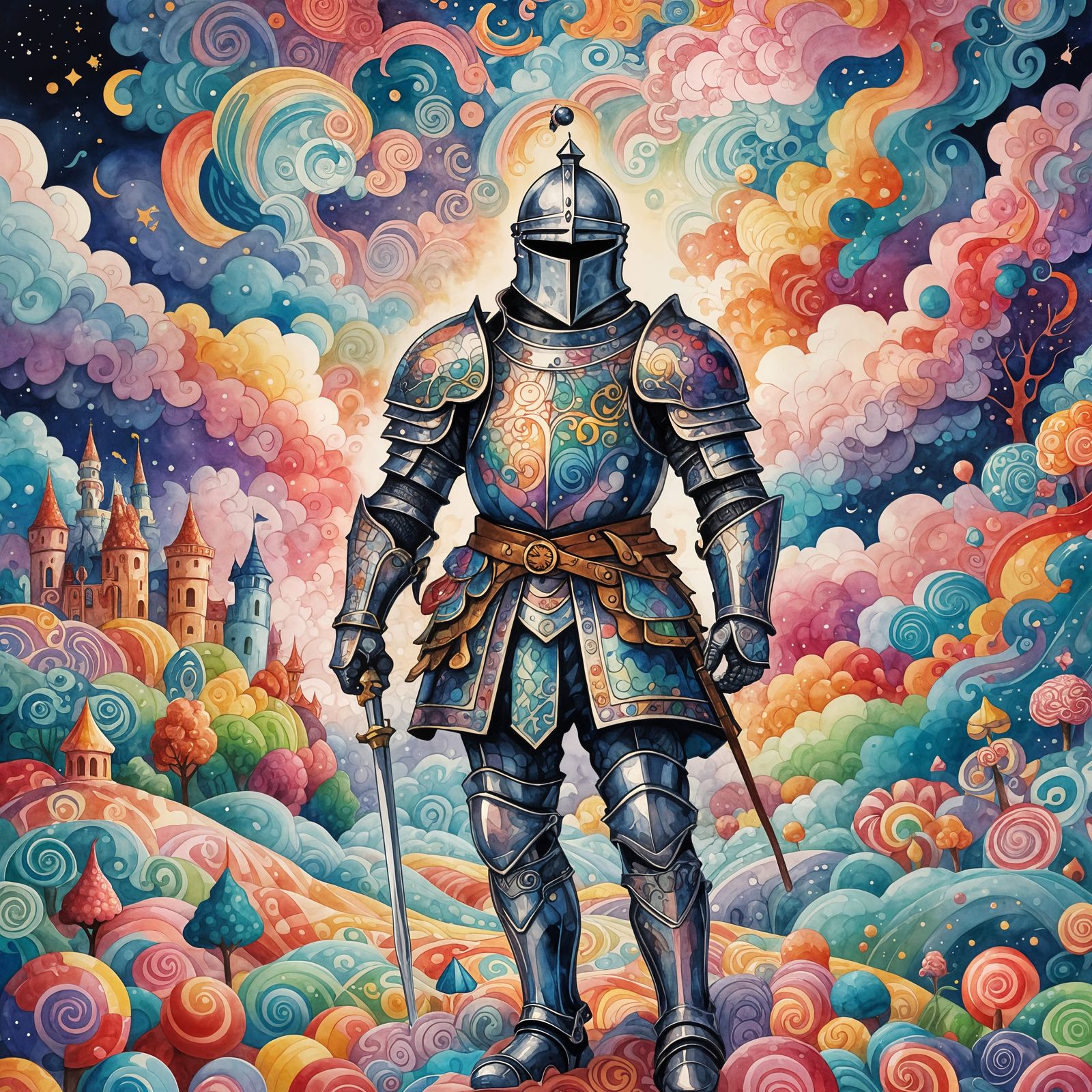 Valiant Knight in Abstract Watercolor Fractal Style