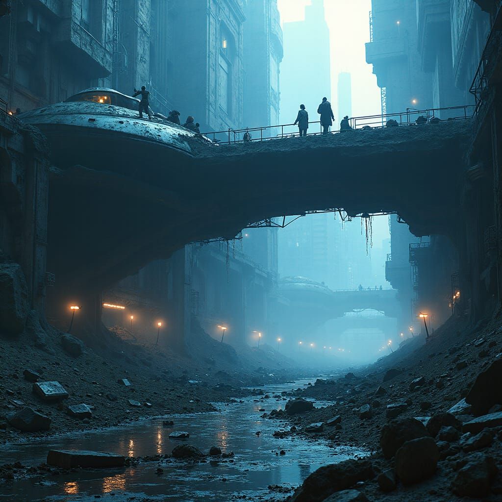 Abandoned Sci-Fi Space Station Amidst Dystopian Cityscape