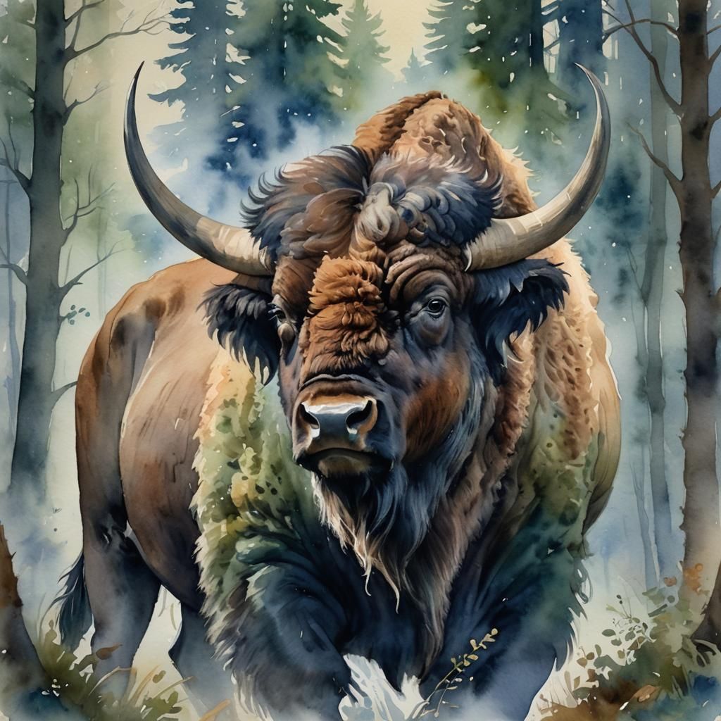 Majestic Bison in Misty Forest: Watercolor Portrait