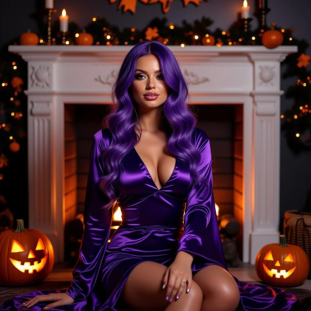 Purple Haired Woman in Satin Costume by Halloween Fireplace