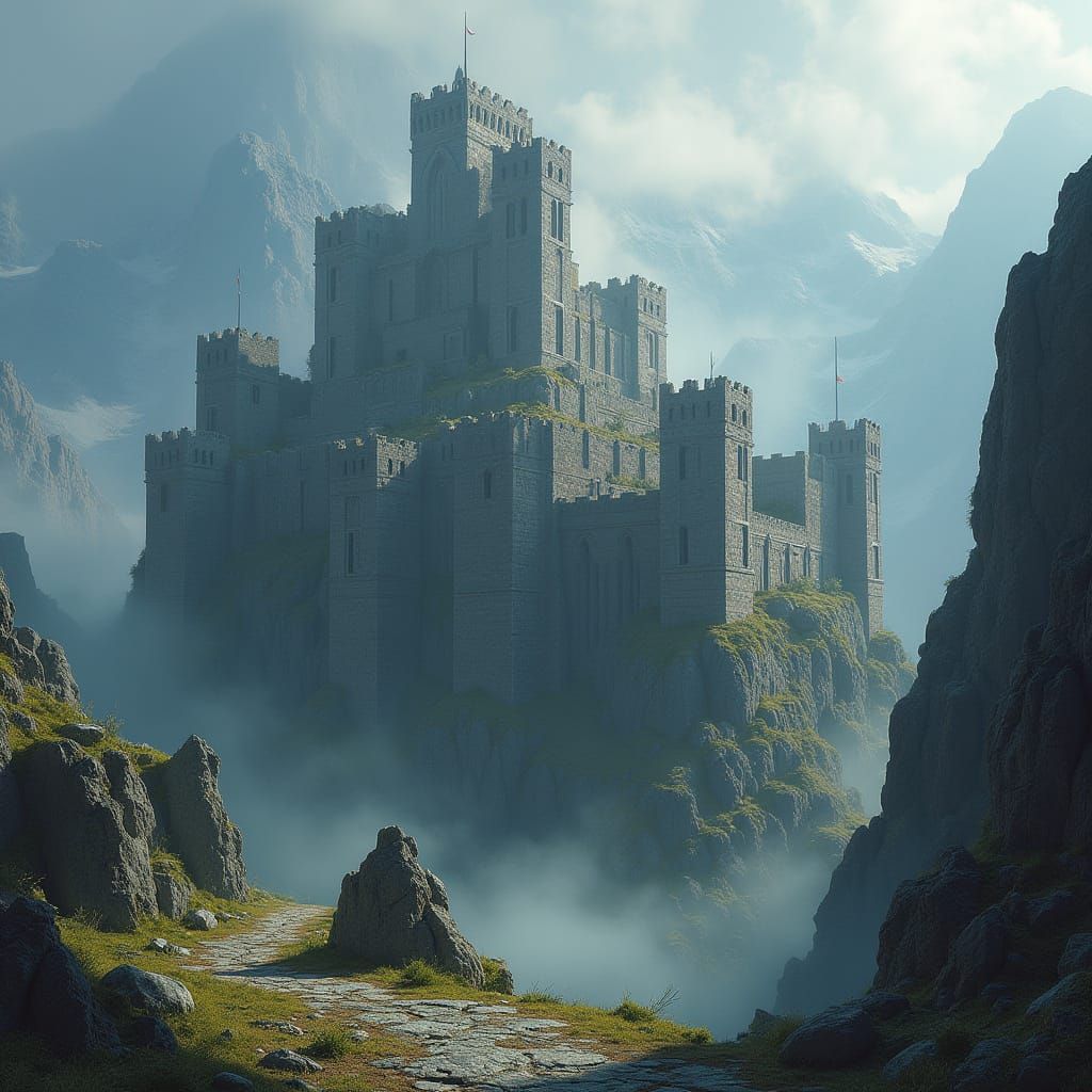 Photorealistic Castle Greyskull Fortress in Misty Mountains
