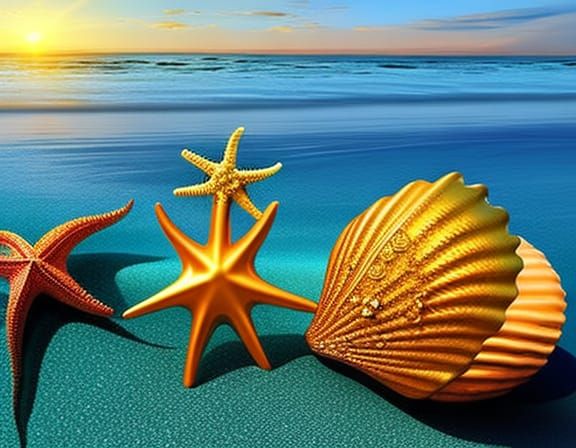 Hyperrealistic Ocean Scene with Queen Conch and Star Fish