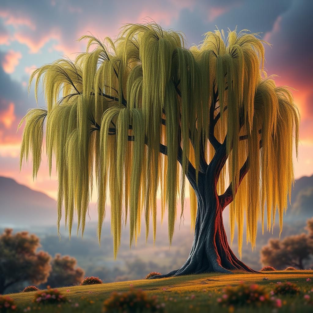 Majestic Willow Tree in Fantasy Landscape