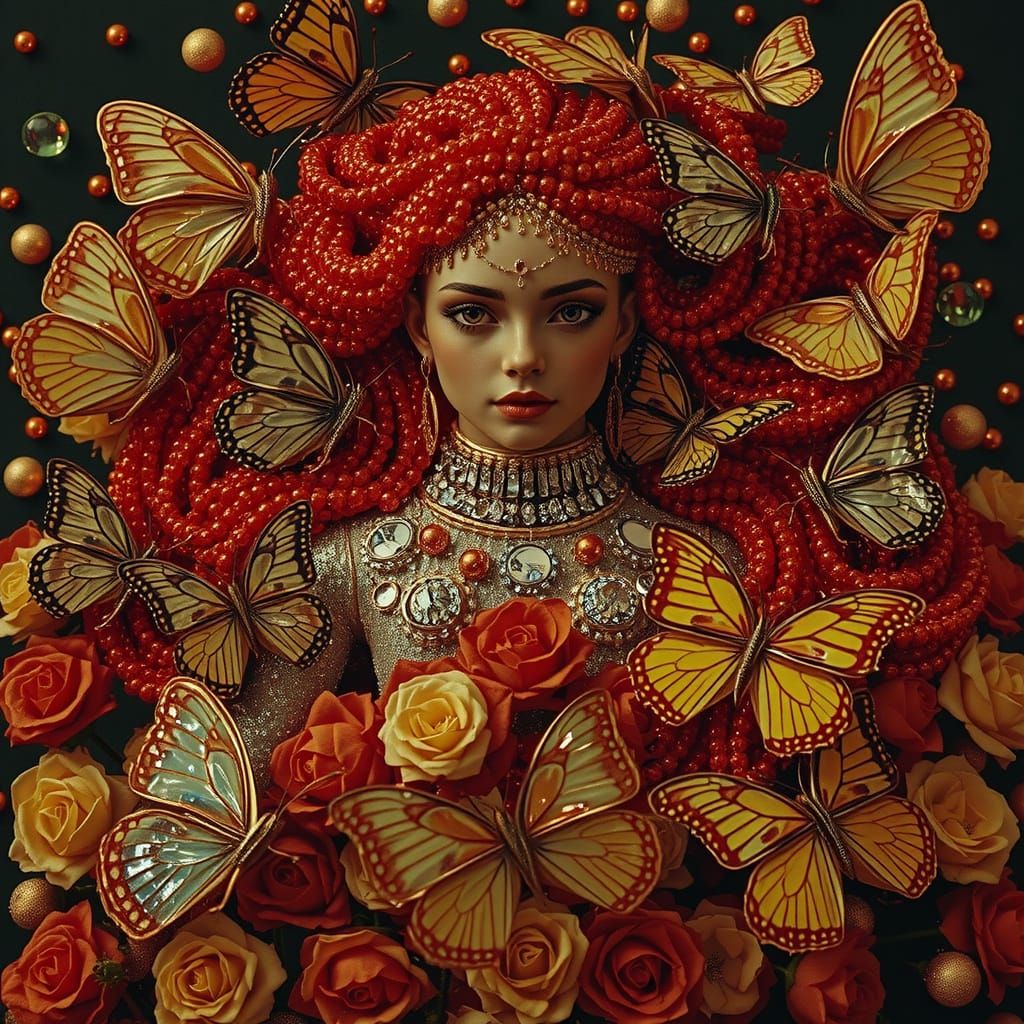 Figure of Beads on Velvet with Butterflies