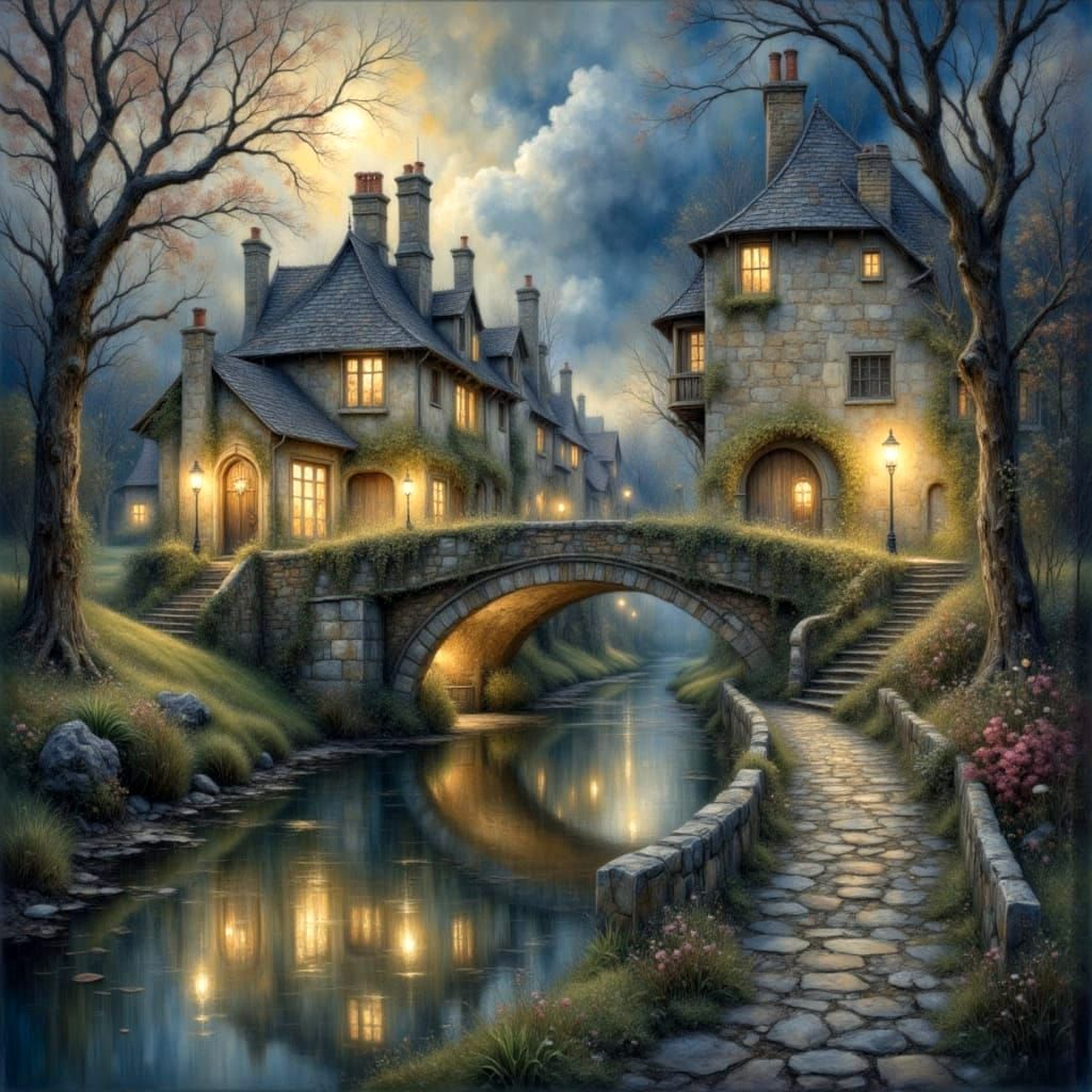 Woman on Bridge in Misty Castle Combe at Night