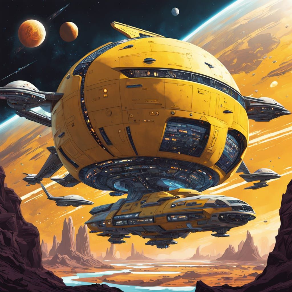 Cyberpunk Space Station in JCB Yellow, Orbiting a Distant Pl...
